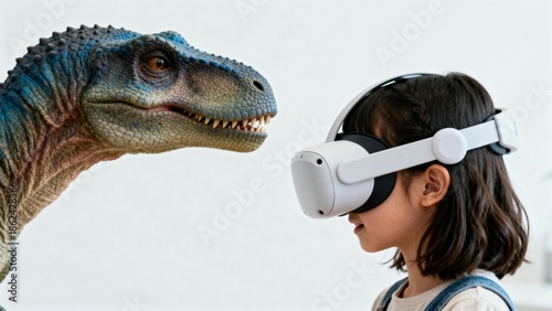 Child with VR headset facing dinosaur head
