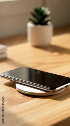 A hand is seen placing a dark smartphone onto a white wireless charging pad. Sunlight illuminates the scene on a wooden desk, with a small potted plant in the background. Close up shot.