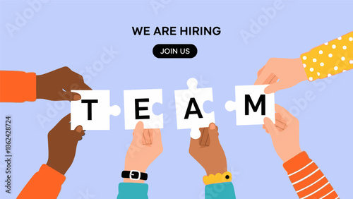 Diverse Hands Collaborating to Form Team Puzzle, Symbolizing a 'We Are Hiring' Drive