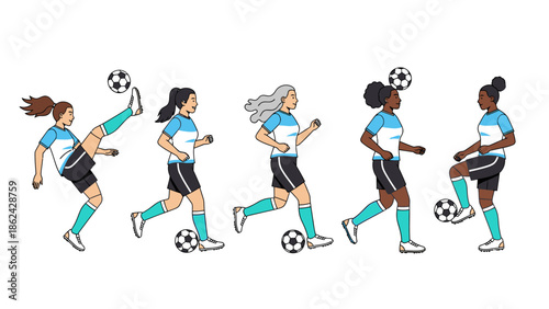 Diverse women's soccer team in action, illustrating various game skills and practice.