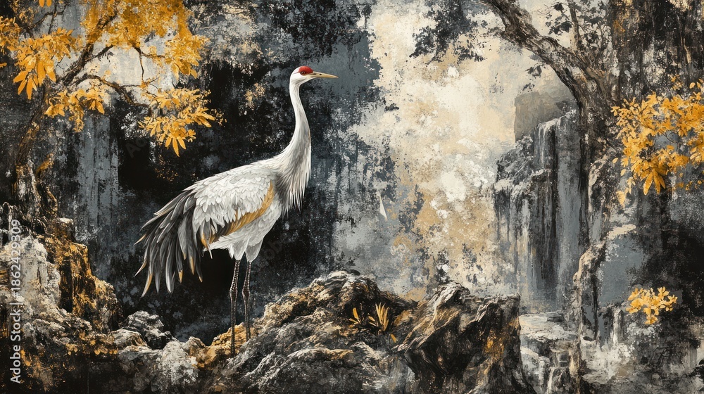 Fototapeta premium Crane bird on rocks in a misty forest with waterfall