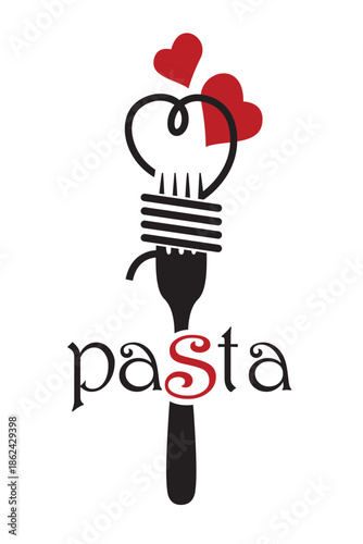 illustration of fork with pasta and hearts isolated on white background