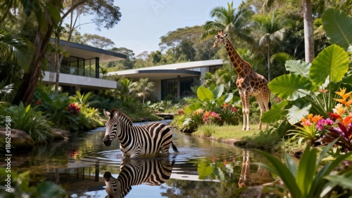 Zebra and giraffe in tropical water