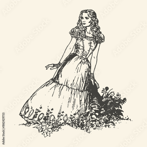 Vintage Hand-Drawn Ink Illustration of a Young Woman in a Victorian Style Gown Standing in a Garden, Classic Fairytale Character Sketch for Literature and Storytelling Projects