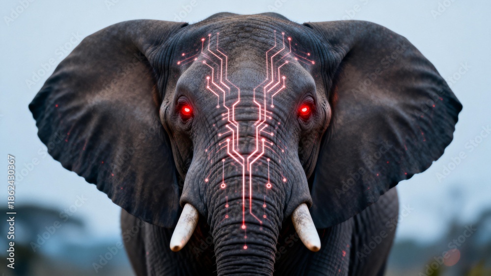 Fototapeta premium Elephant with glowing circuit patterns