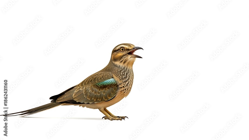 Naklejka premium Exotic bird with open beak on a clean white background.