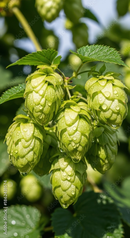 Fototapeta premium Verdant hop cones glistening with droplets, a refreshing visual for nature's bounty