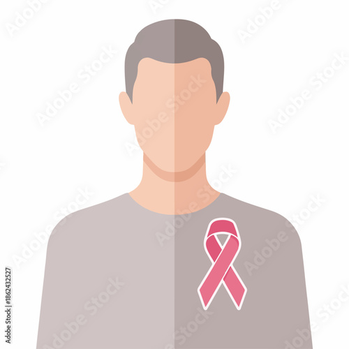 Male silhouette displays a pink awareness ribbon pinned to his chest symbolizing support for cancer screening and prevention.