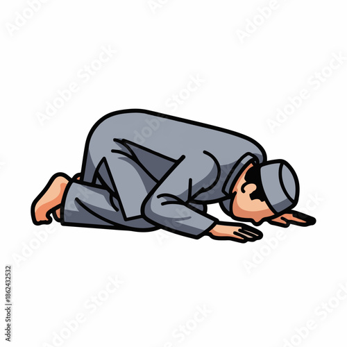 Muslim man dressed in traditional gray attire performs prostration in prayer, bowing deeply toward the ground in reverence.