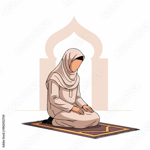 Devout Muslim woman kneels respectfully on a patterned prayer rug performing Salat indoors with soft arch framing.