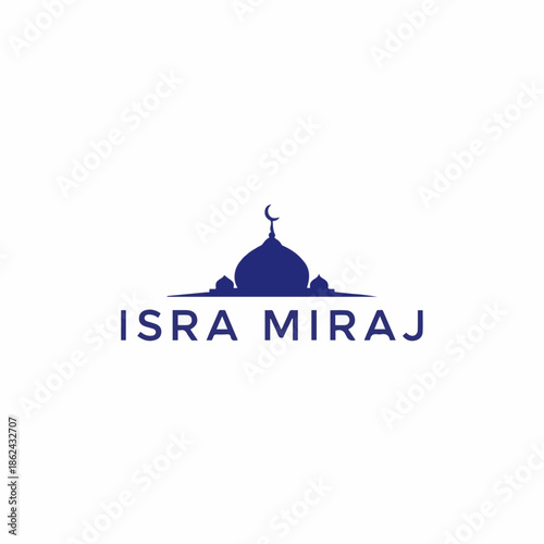 Minimalist blue silhouette graphic features a mosque dome and crescent moon above the bold text Isra Miraj.