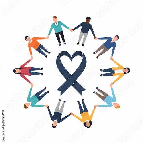 Community of Support: A circle of diverse individuals joins hands around a symbolic ribbon of solidarity, embodying unity, compassion, and the power of collective support.