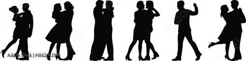 Couple silhouettes dancing and embracing, romantic relationships concept, love connection, passion moments, partner interaction, isolated on white background, illustration, vector