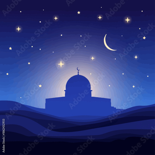 Night Mosque: A tranquil silhouette of a mosque stands beneath a starry sky, evoking serenity and contemplation. The crescent moon casts a gentle light over the desert landscape.