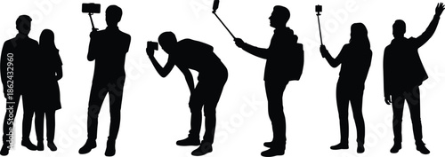 People smartphone selfie silhouette, content creators filming, photography poses, social media influencers, digital lifestyle, isolated white background illustration, concept, design