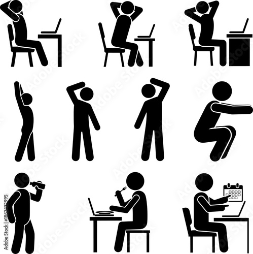 Office Stretching and Healthy Workspace Habits Stick Figure Icon Set