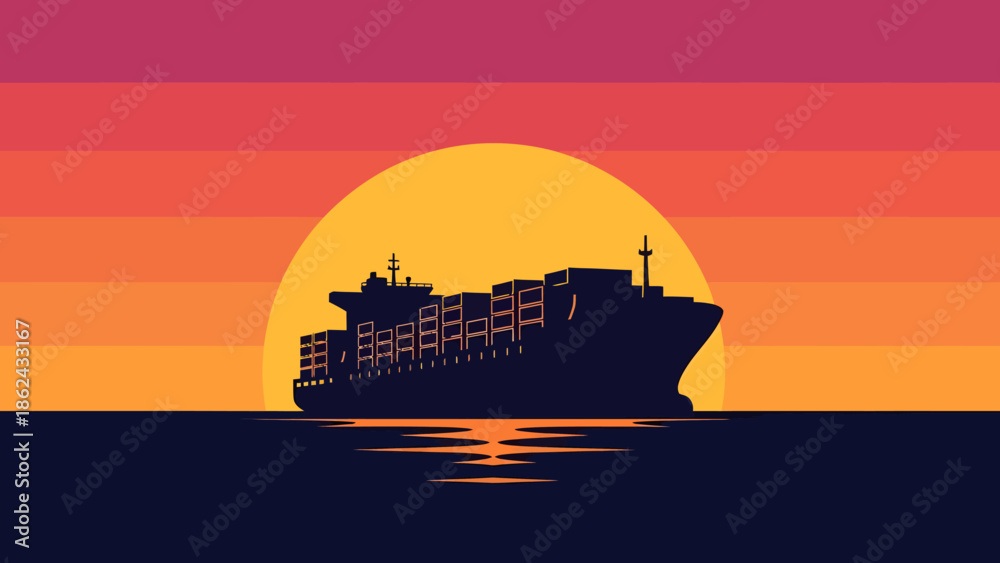 Obraz premium Massive cargo ship silhouette sailing across the ocean at sunset.