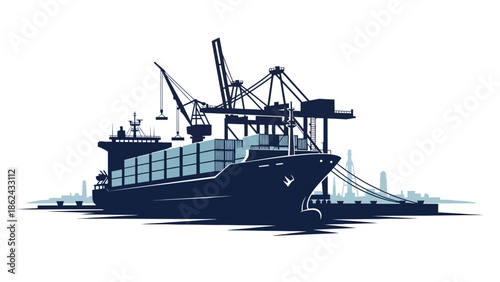 Large cargo ship docked at port with cranes loading containers.