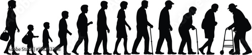 Human life cycle silhouette, aging journey from childhood to elderly, walking sequence, lifespan evolution, isolated white background illustration, concept, design
