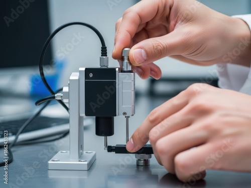 Close-up of hands calibrating a precision robotic sensor in a lab, for quality assurance, high-tech manufacturing, and engineering innovation