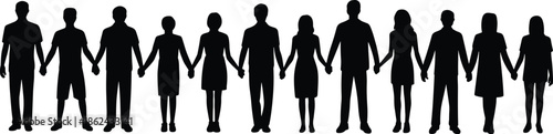 Group of people holding hands silhouette, unity diversity teamwork concept, community togetherness, social solidarity, human connection, isolated on white background