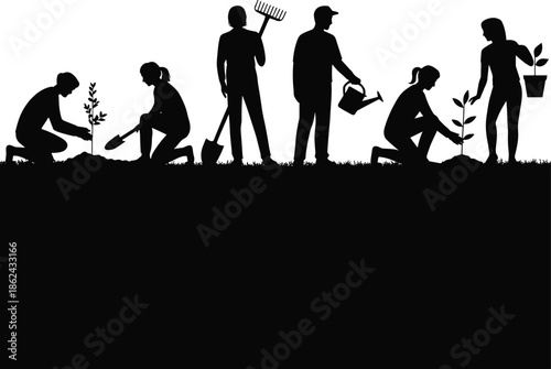 People planting trees silhouette, community gardening teamwork, environmental conservation concept, volunteers working together, sustainable future, nature protection illustration, vector design