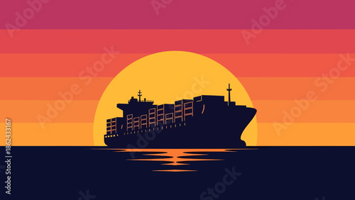 Massive cargo ship silhouette sailing across the ocean at sunset.