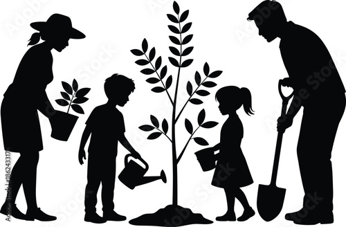 Family planting tree silhouette, parents and children gardening together, environmental education concept, nature care, sustainability illustration, isolated white background, vector