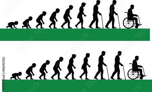 Human life cycle silhouettes showing aging process, evolution from baby to elderly wheelchair user, growth, time, lifespan concept illustration