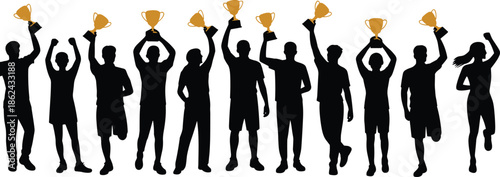 Winning team silhouettes holding trophies, success celebration, achievement, victory, teamwork, champions concept, motivation, leadership isolated on white background illustration