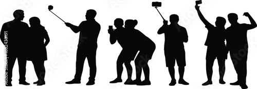 People using smartphones silhouette, modern social media lifestyle, selfie culture, mobile photography, digital communication, isolated white background concept, illustration, design