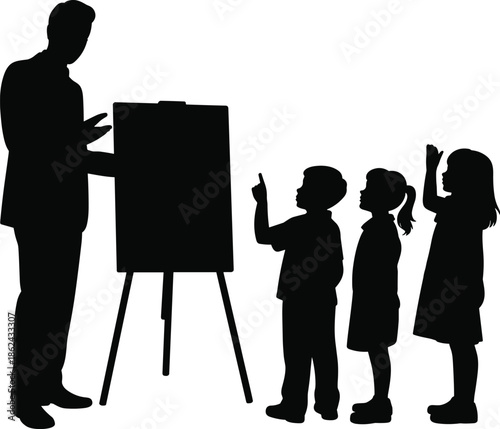 Teacher silhouette teaching children classroom learning concept, education guidance interaction, black figures isolated on white background illustration, school lesson scene
