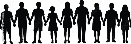 People silhouettes holding hands together unity diversity concept, community teamwork support, social connection group, black figures isolated on white background illustration
