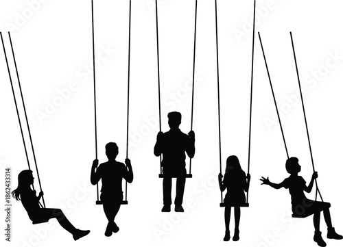 Children silhouettes playing on swings, joyful childhood fun, friendship, freedom, outdoor play, happy kids activity isolated white background illustration studio