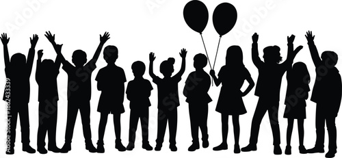 Happy children silhouettes celebrating together, playful kids with balloons, joy, friendship, childhood energy, group fun isolated on white background studio