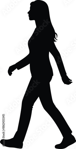 Female silhouette walking profile isolated on white background, minimalist black figure, human movement concept, side view, realistic modern lifestyle design