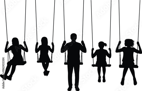Family silhouettes swinging together on playground, parents and children enjoying childhood freedom, bonding moments, black figures isolated white background illustration