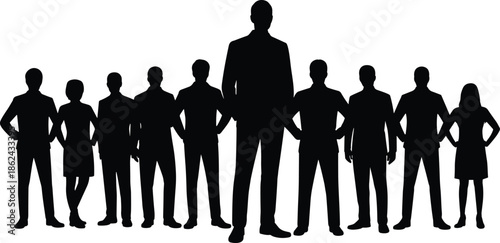 Business team leadership silhouette, confident leader standing front, professional teamwork concept, corporate success, management authority, isolated white background, illustration, vector