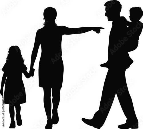 Family silhouette walking together, parents and children bonding, happy family concept, love care protection, relationship illustration, isolated on white