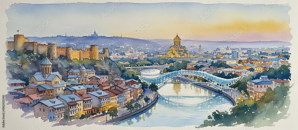 Obraz premium tbilisi georgia city skyline watercolor - landscape painting