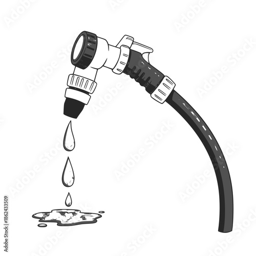 Water hose. Monochrome illustration of a hose dripping some water. Transparent background SVG version.