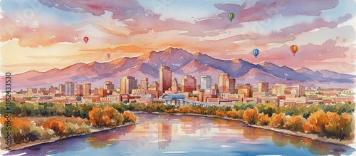 albuquerque new mexico city skyline watercolor - landscape painting