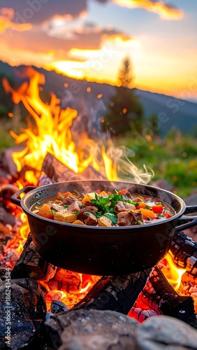 Stew cooking over campfire flames with a vibrant sunset background