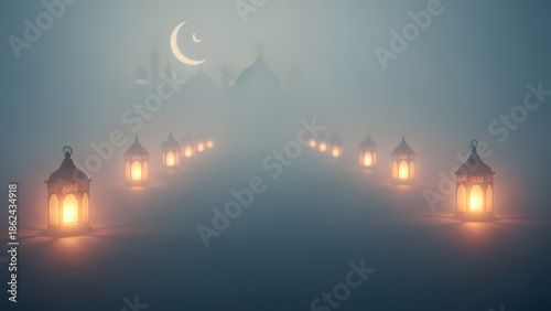 Cinematic Ramadan night background with glowing lanterns fog and crescent moon