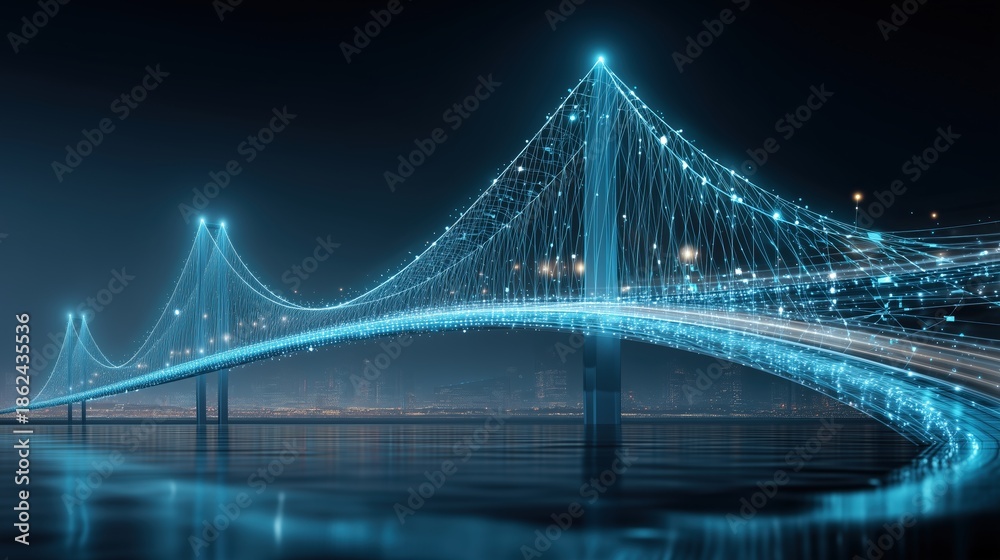 Fototapeta premium Futuristic digital bridge made of abstract glowing data streams and binary code lines in red and blue, symbolizing fast data transfer, big data, and global network.