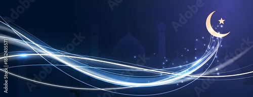 Abstract Ramadan Kareem background with glowing crescent moon light waves