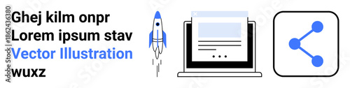Digital marketing, technology, online growth, social media, startup, connectivity. Rocket launching, laptop with document and network-sharing icon. Digital marketing and technology