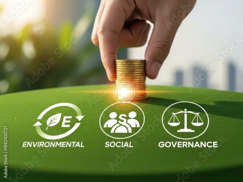 Sustainable finance concept with a hand investing coins into ESG Environmental, Social, Governance project icons on a green investment platform