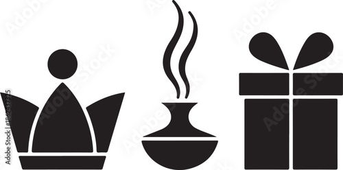Set of silhouettes representing gifts of magi showing crown frankincense and golden present box icon
