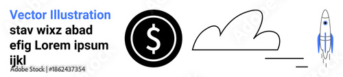 Business growth, technology, finance, startups, innovation, progress. Black dollar sign, cloud icon and a minimal rocket design. Business growth and technology